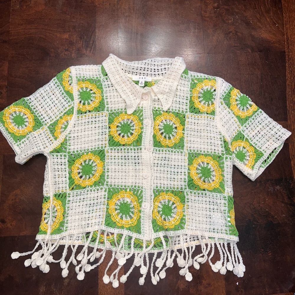 Women’s Yellow And Green Granny Square Crochet Button Up Top Cardigan Medium G&D